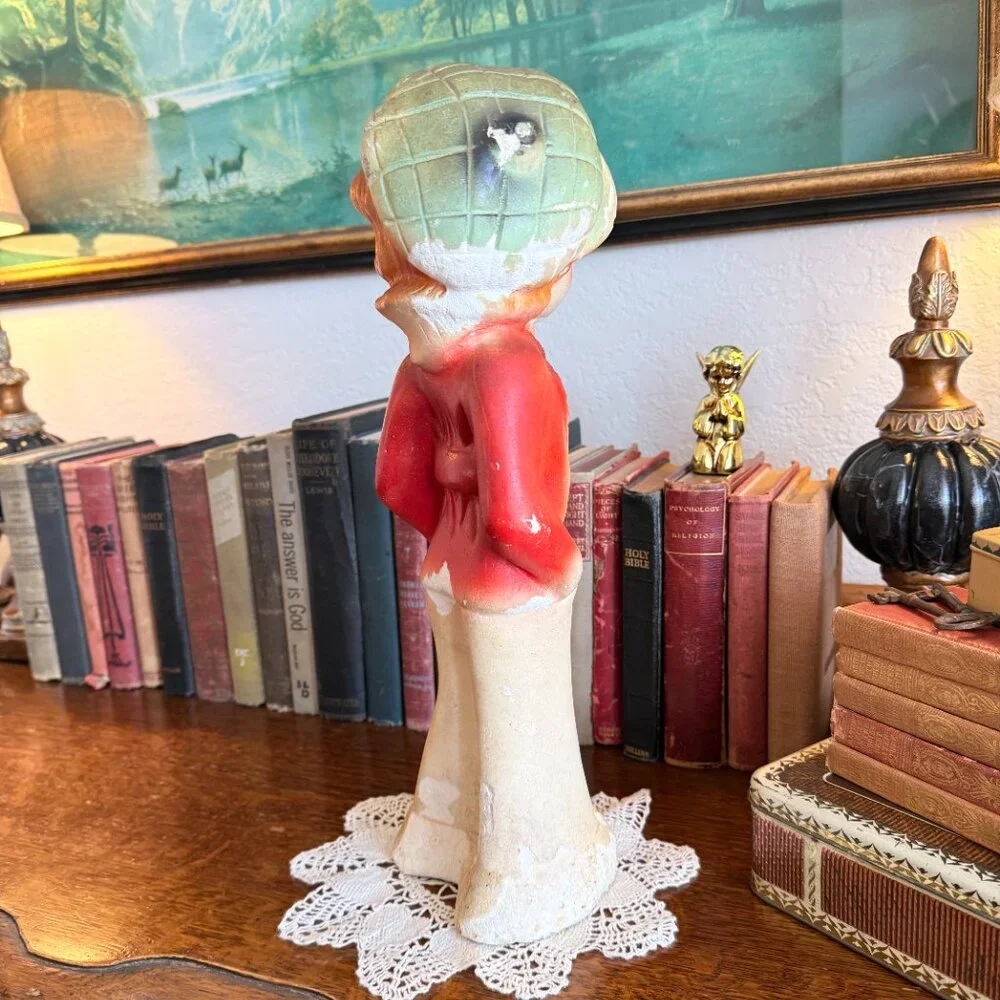 1930s Large Chalkware Carnival Prize Young girl with hat statue